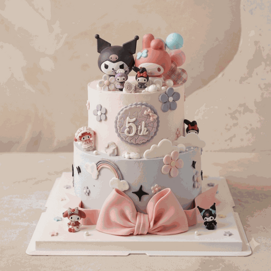Pastel puppy cake with Kuromi and My Melody figurines