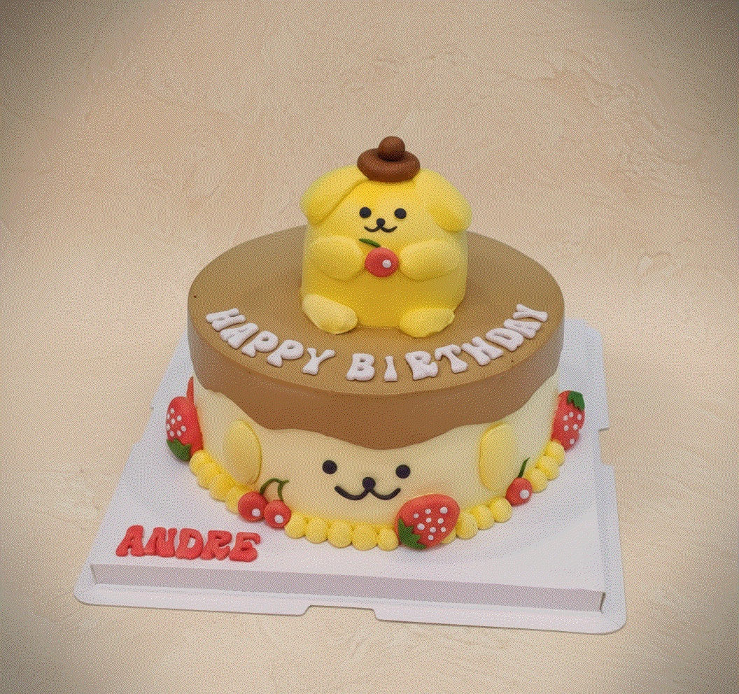 Puppy cake with 3d pompompurin topper and fruit decorations