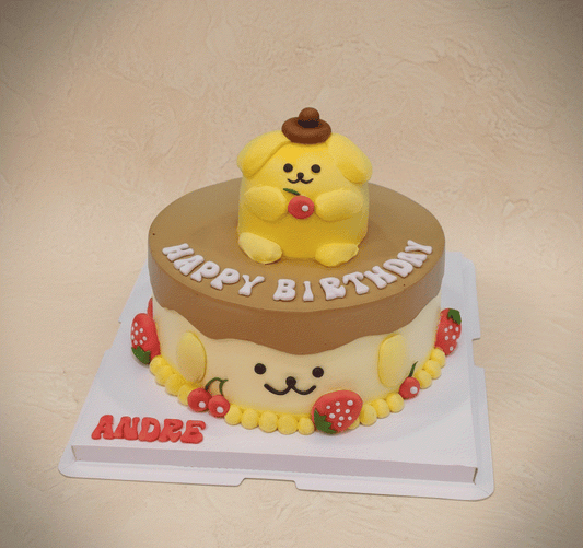 Puppy cake with 3d pompompurin topper and fruit decorations