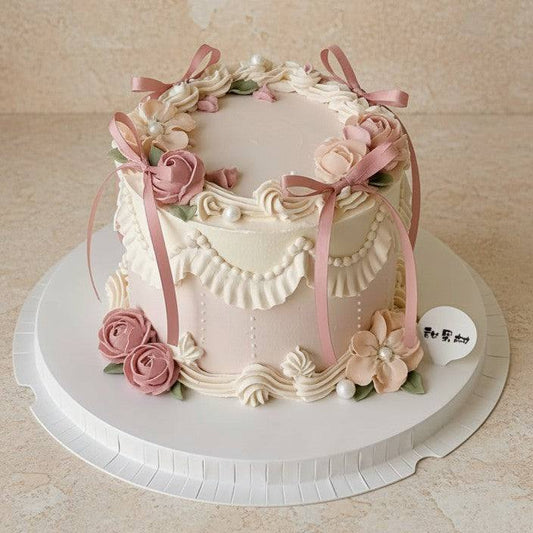 Victorian Rose Cake with hand-piped pink roses, cream Lambeth ruffles, satin bows, and pearl details for tea party birthday celebration