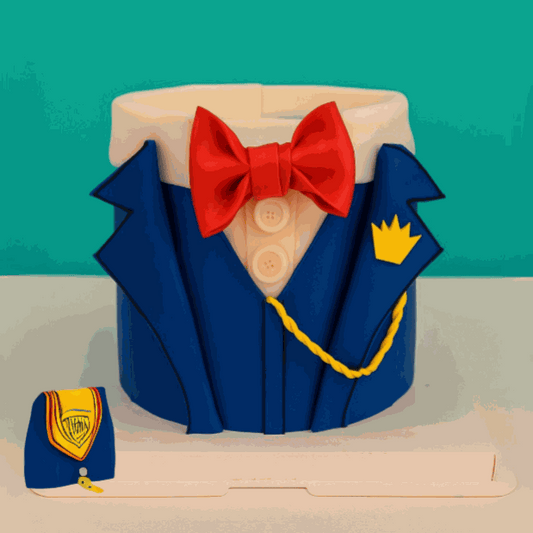 3D royal blue suit & red bow tie birthday cake with gold crown lapel pin and pocket chain