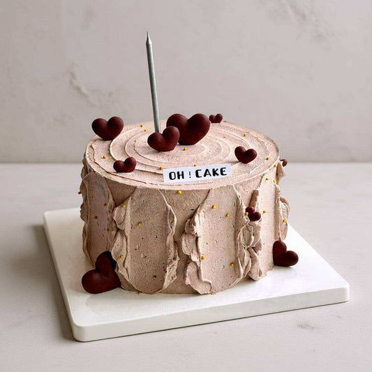 Rustic heart cake with 3D dark chocolate hearts and silver candle