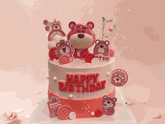 Strawberry bear cake with 3D Lotso figurine and two-tone pink cream