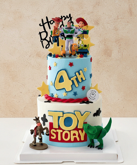 Toy Story cake with Rapunzel figurine, castle backdrop, and stars