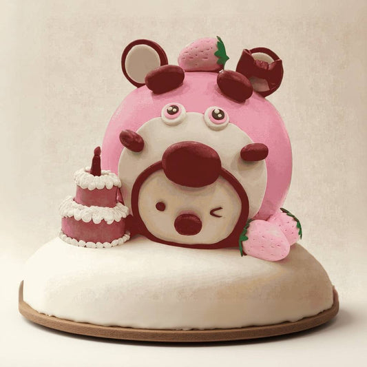 Winkie Strawberry Cake featuring 3D pink Lotso bear with winking face, strawberries, and mini birthday cake topper on white cream base
